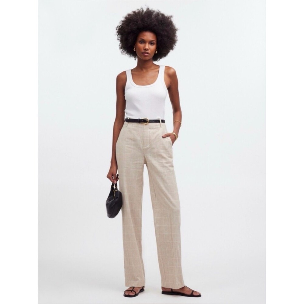 NWT Madewell Mid-Rise Straight Tan Plaid Linen Blend Trousers Size 2